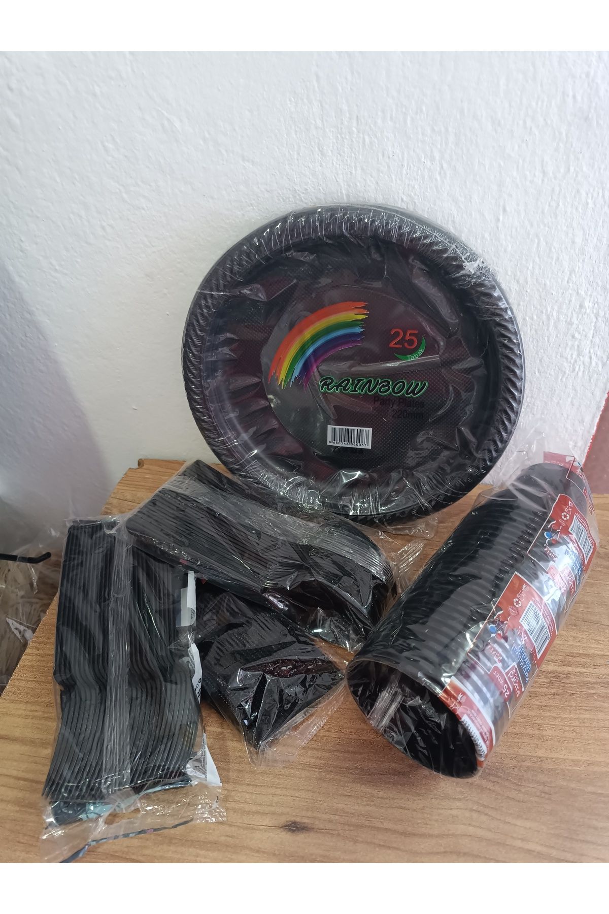 Store Plastik tabak bardak çatal kaşık bıçak seti siyah 25 adet