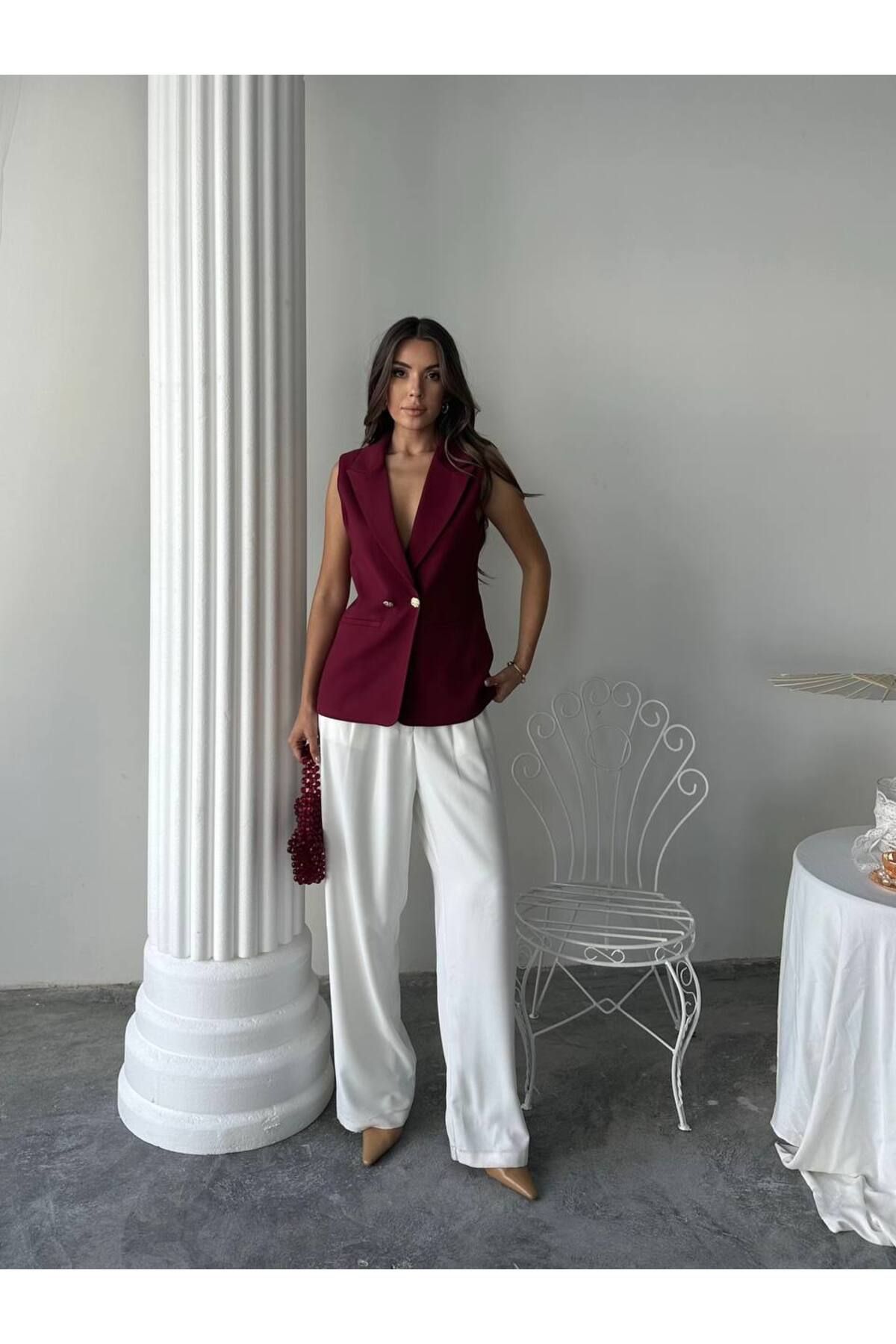 CinneMadonna Kadın Bordo Gold Düğme Kumaş Yelek