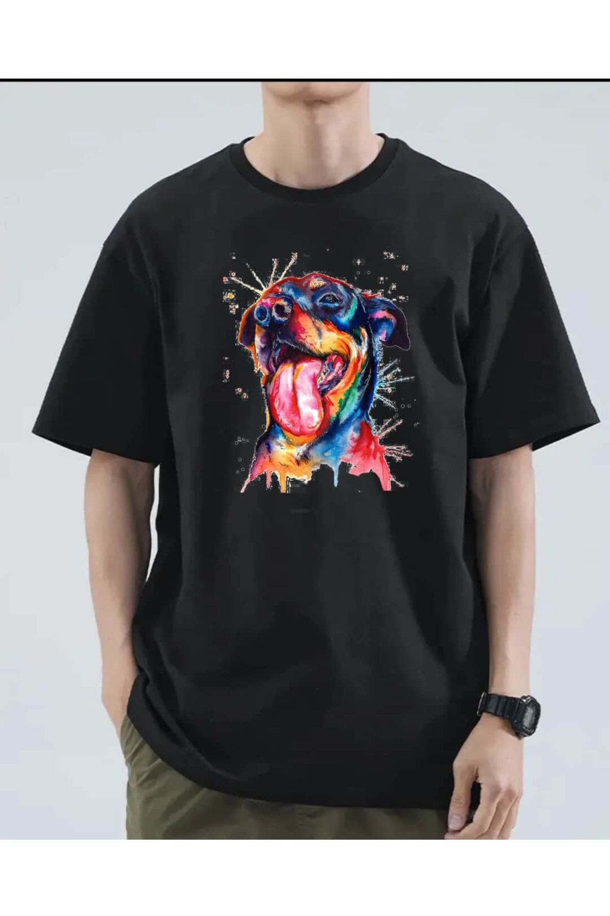 exans moda siyah beyaz köpek basklı oversize tshirt