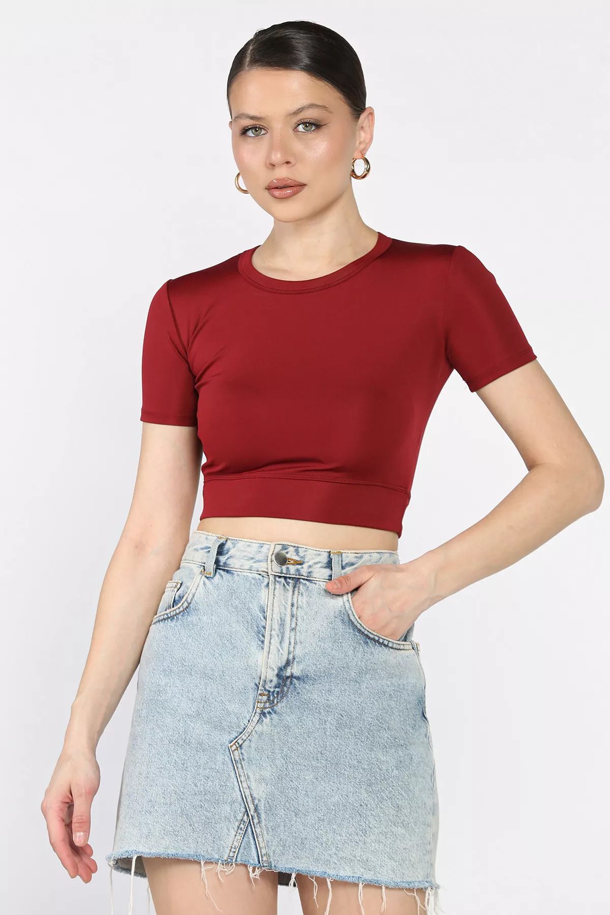 GÜLSELİ Bordo Kadın Bisiklet Yaka Likralı Crop Top Bluz