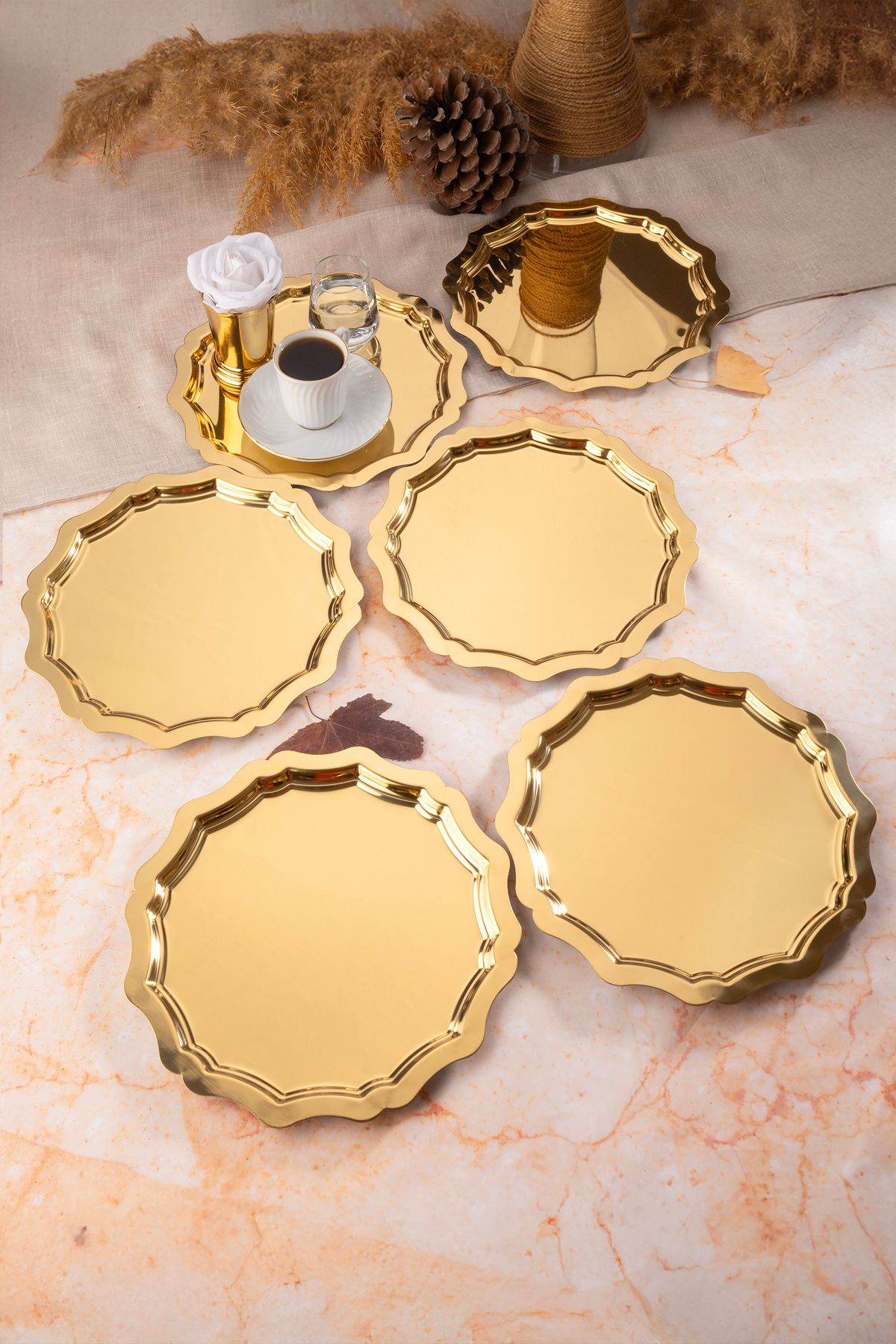 Aslı Hediyelik 6'lı 24 Cm Dalgalı Yuvarlak Gümüş Dekoratif Çay, Kahve, İkramlık, Pasta Sunum servis Tepsisi