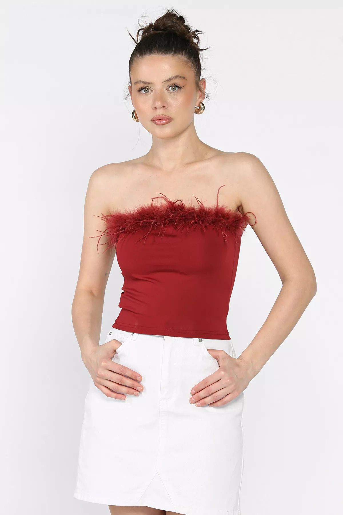 GÜLSELİ Bordo Kadın Ön Peluş Detaylı Straplez Crop Top Bluz