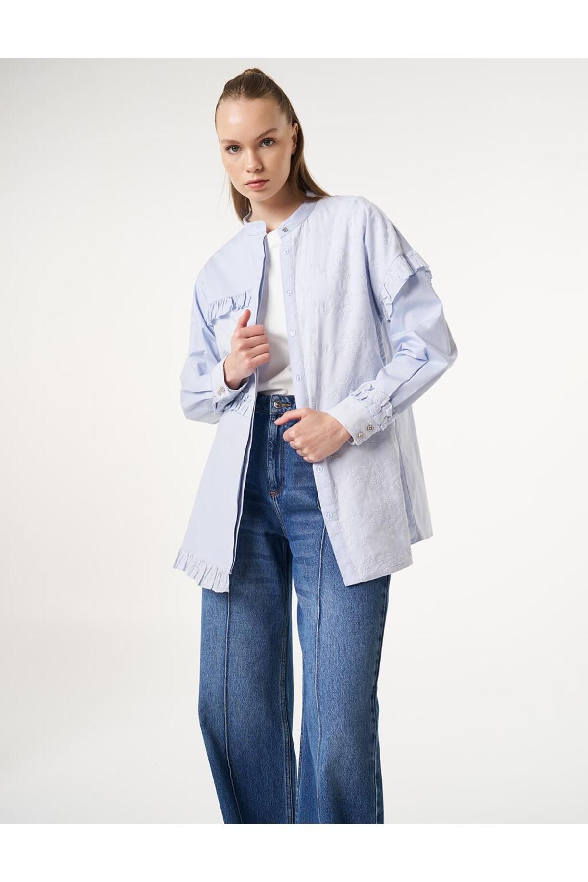 Kayra Floral Desenli Fırfırlı Pamuklu Tunik Mavi KA-B25-11016-09