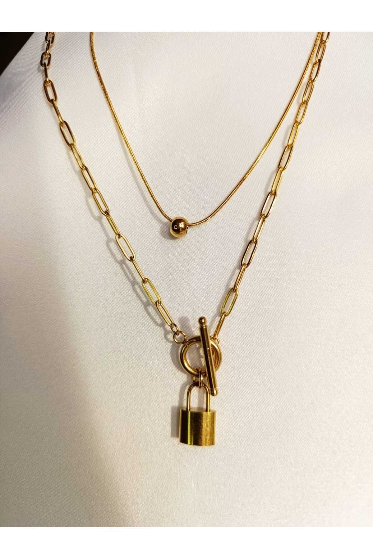 MoS JEWELLERY Gold Renk Asma Kilit Uçlu Top Detaylı İkili Kolye - Paslanmaz Çelik
