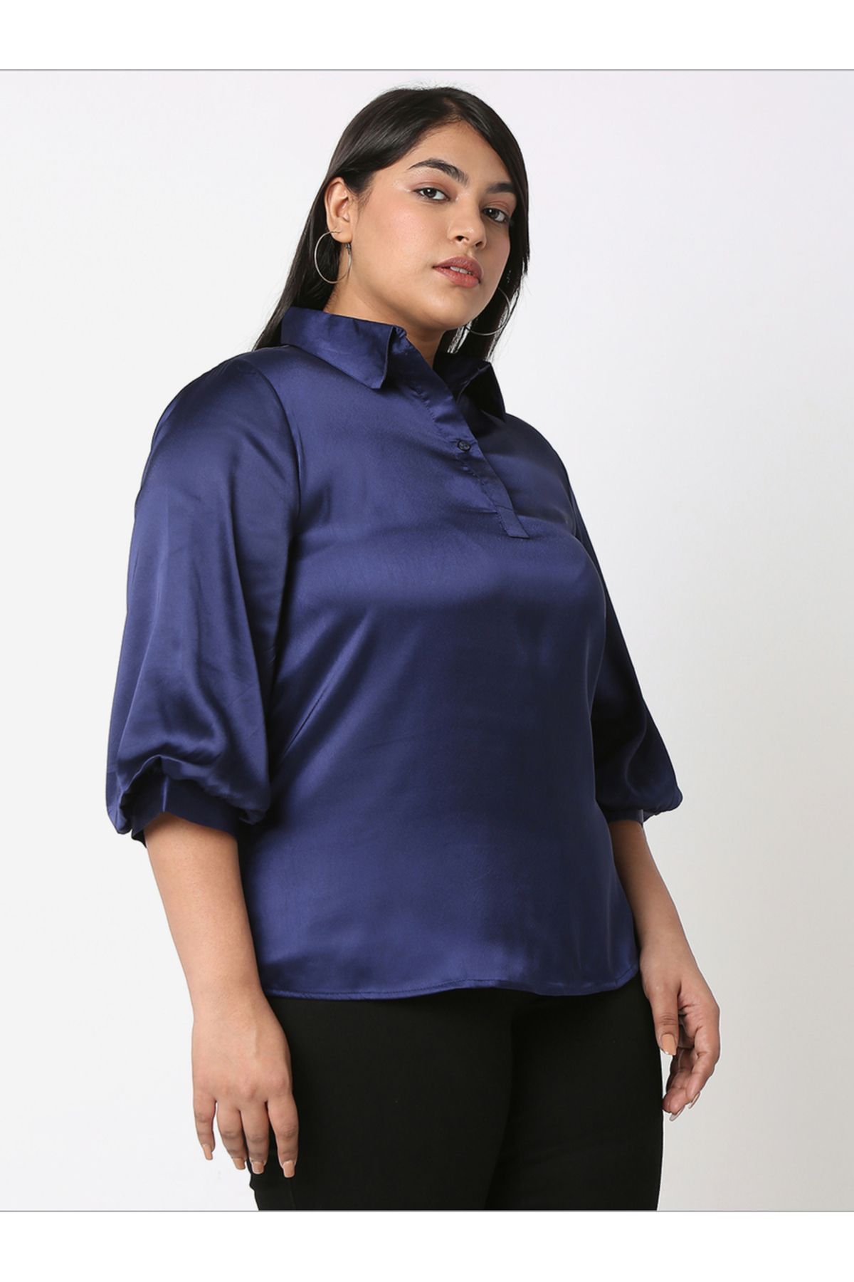 Mish By Styli-Satin Bishop Sleeves Collared Shirt 3