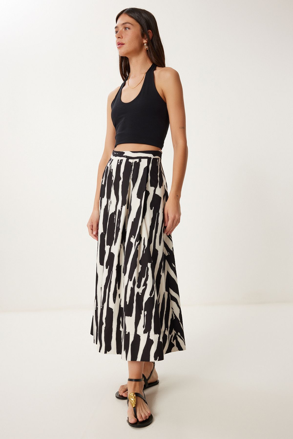 Lovelyİstanbul Desenli Poplin Midi Dokuma Etek SİYAH BEYAZ LCR0079