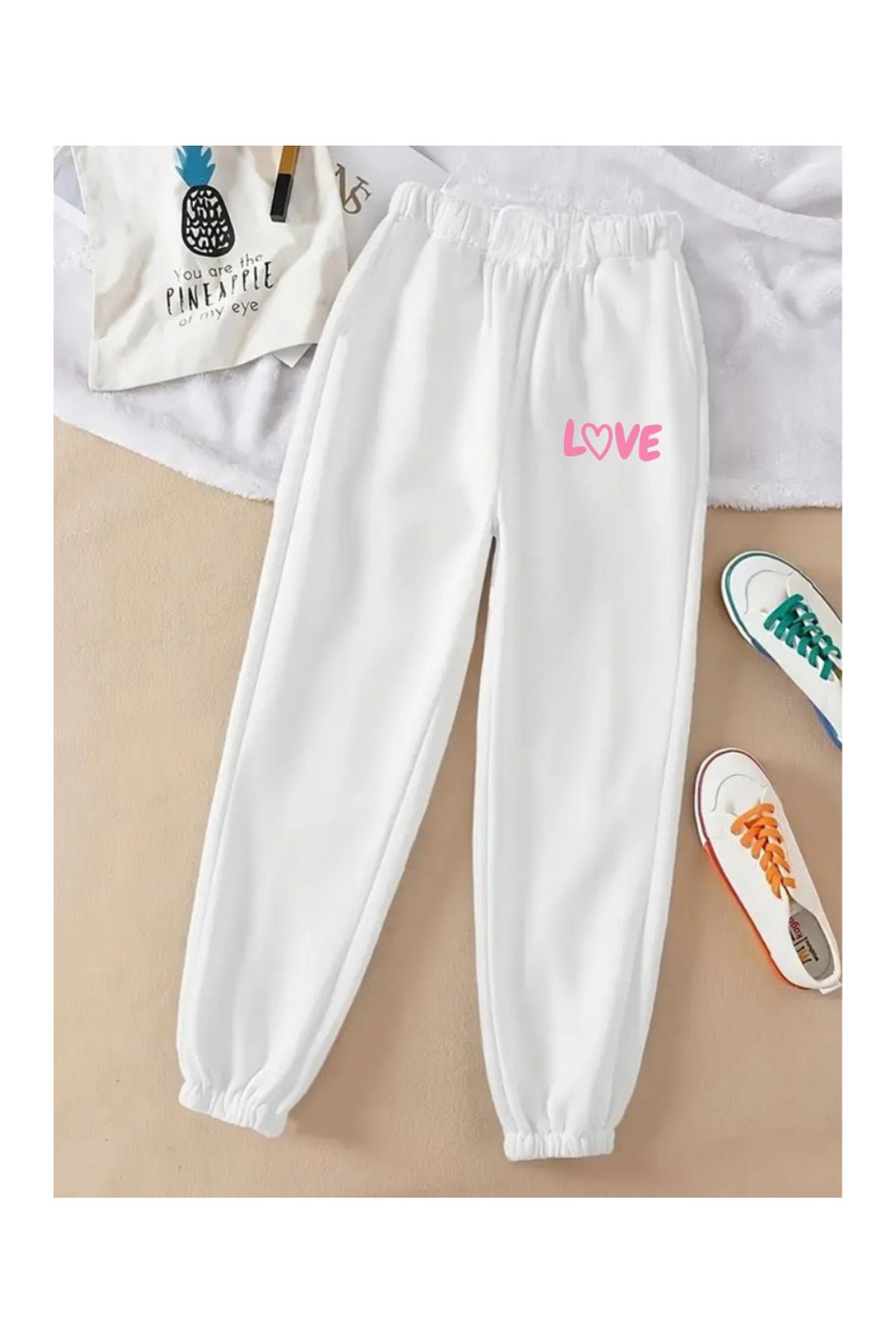 Touz Moda Love Baskılı Unisex Beyaz Paça Lastik Eşofman Altı