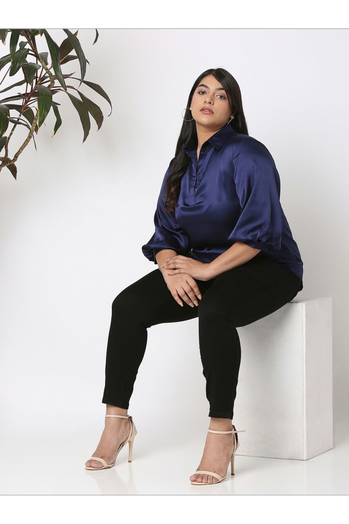 Mish By Styli-Satin Bishop Sleeves Collared Shirt 1
