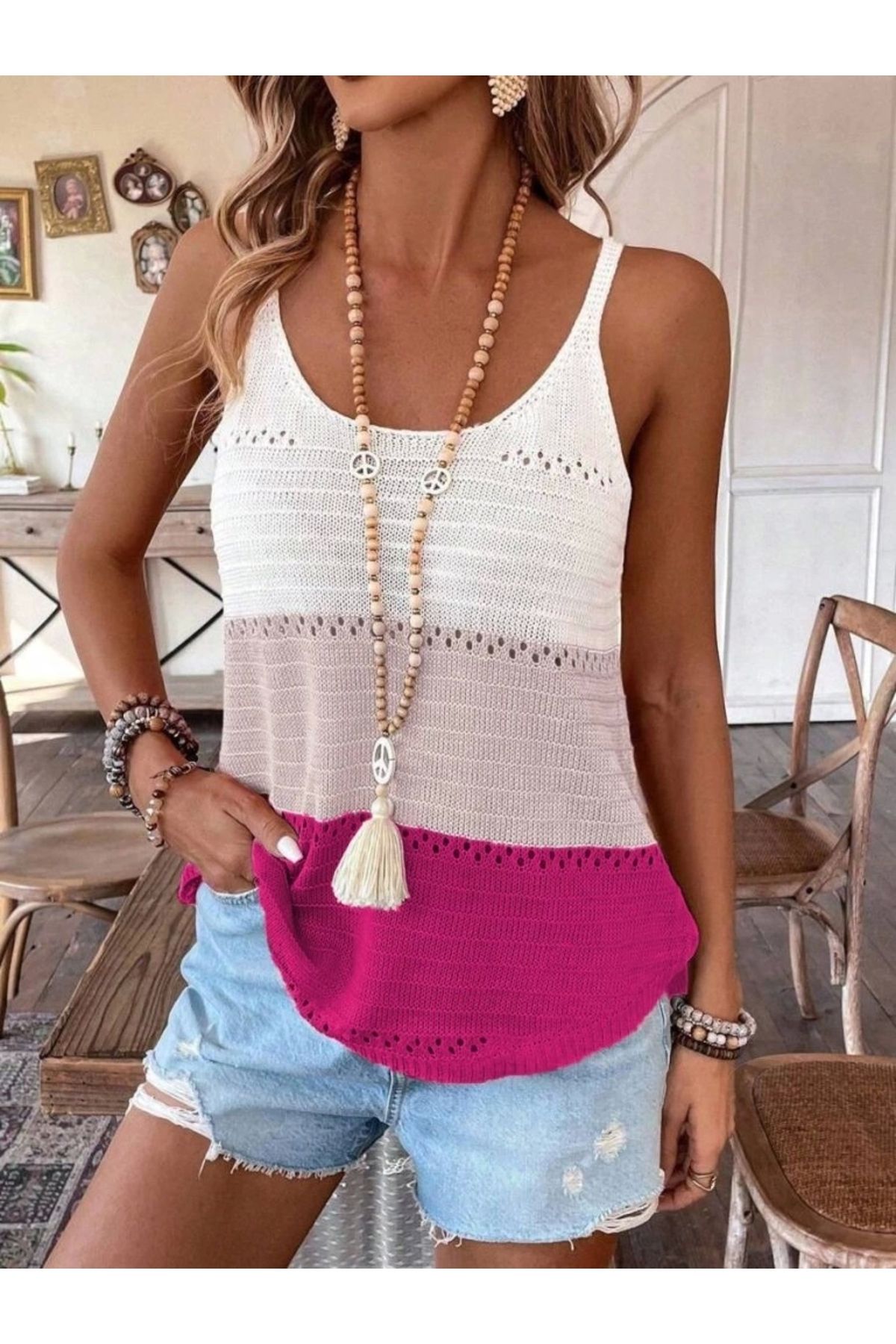 Butik Kadın Askılı Yuvarlak Yaka çift Renkli Triko Bluz