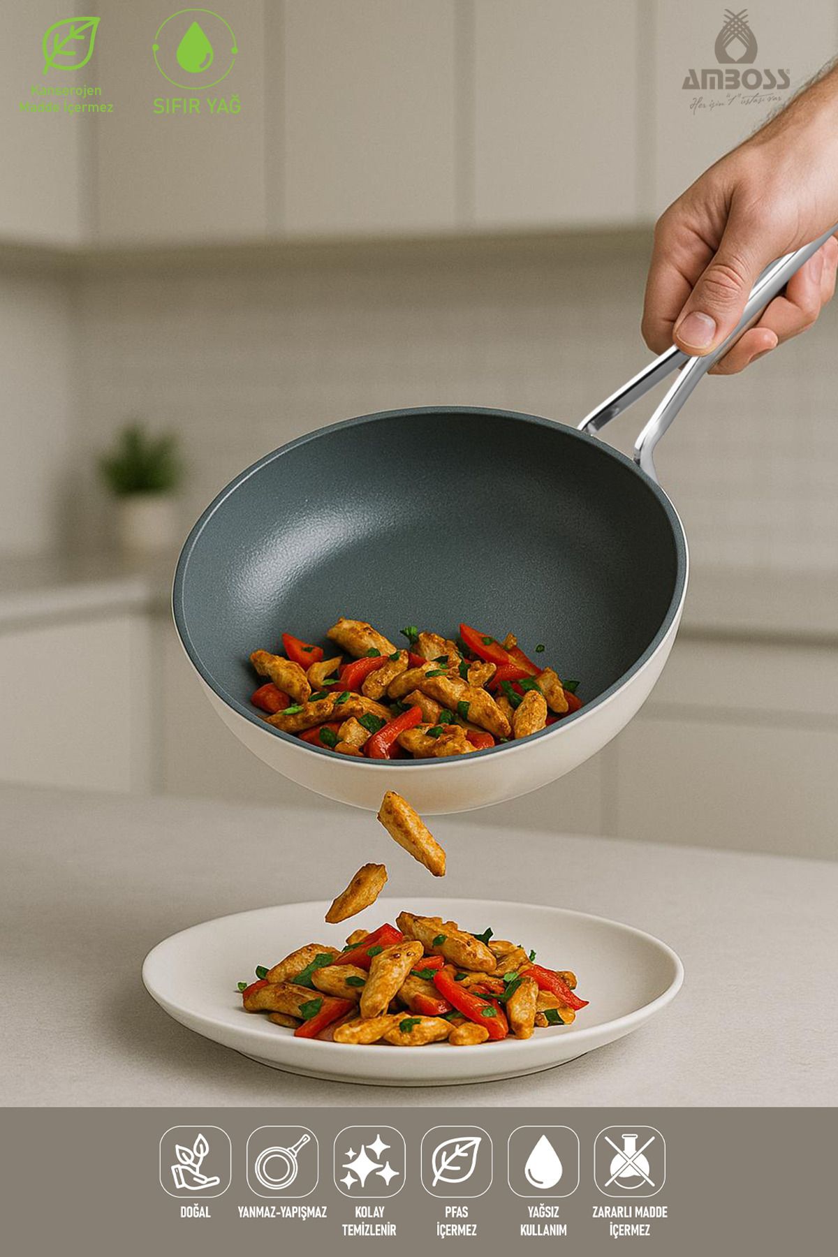 Amboss Sera Nova Yanmaz Yapışmaz Seramik Wok Tava 28 cm – Beyaz