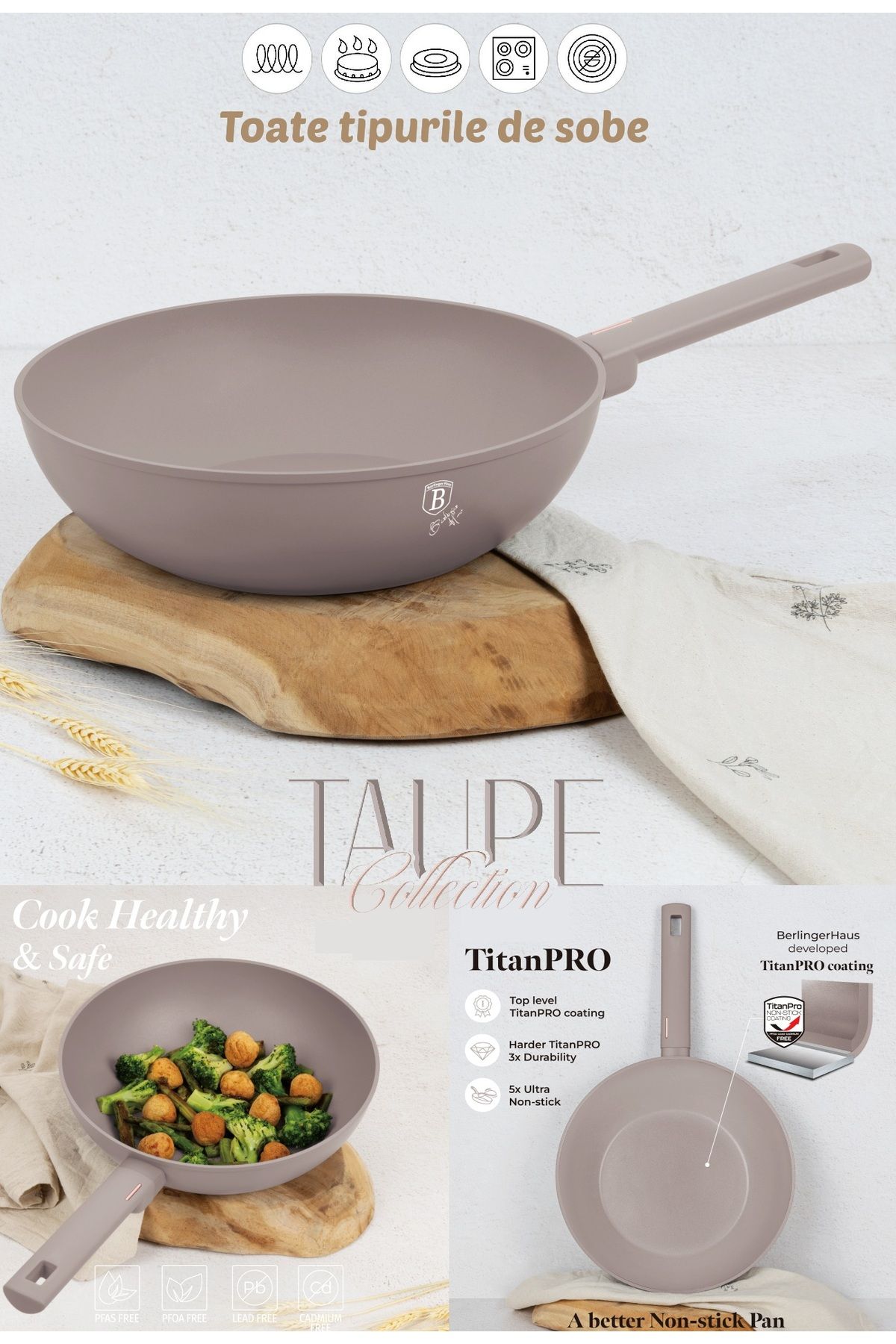 Berlinger Haus Tigaie Wok Titanium Antiaderentă | 28 Cm - 3,2 L | Colecția Taupe | Inducție Pentru Toate Aragazurile | Curățare Ușoară - One Size