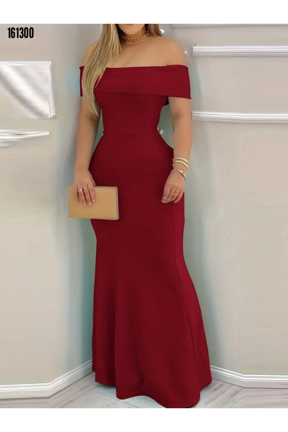 Modayakamoz Kadın İthal Krep Elbise Kısa Kollu Madonna Yaka Belden Oturtmalı Uzun