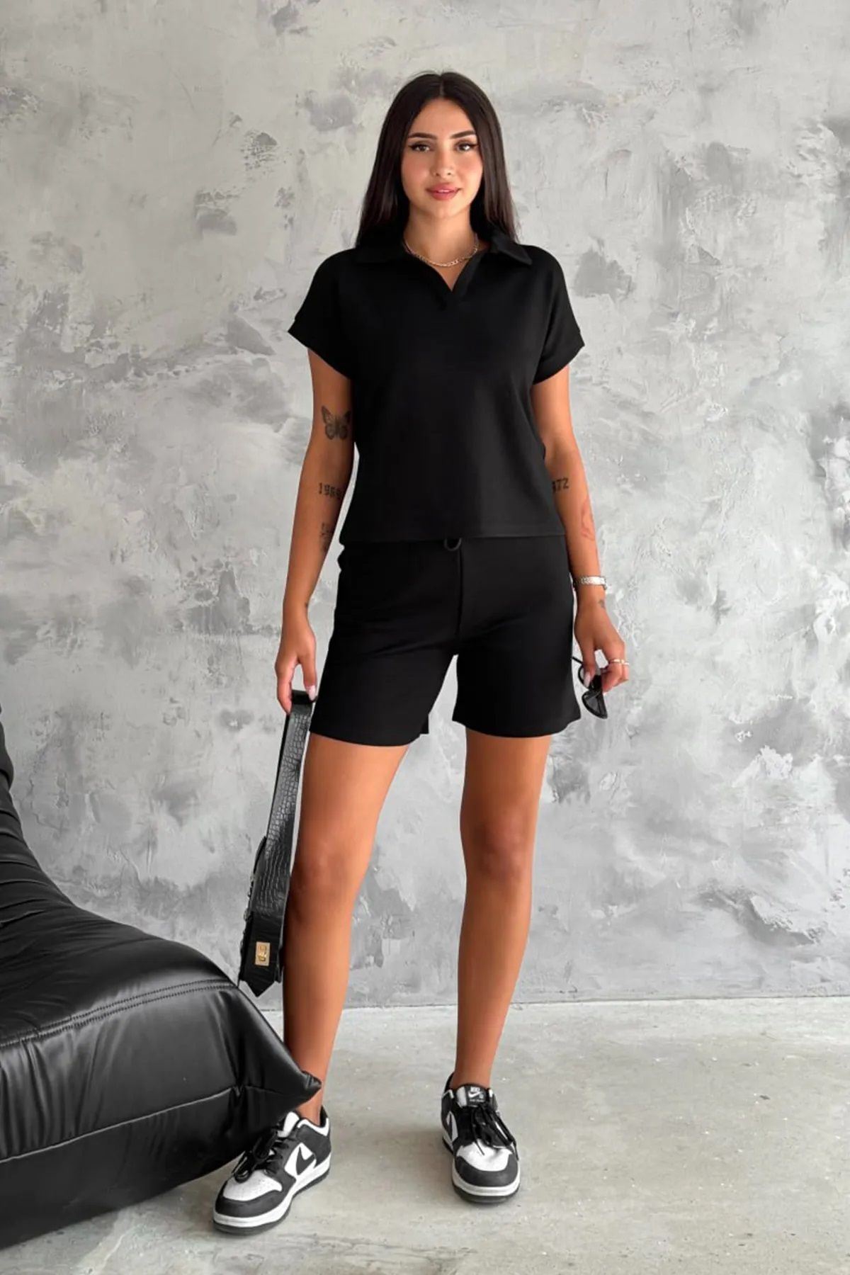 Trendy Butik Kadın Modal Kumaş Mevsimlik Şortlu Takım-Siyah