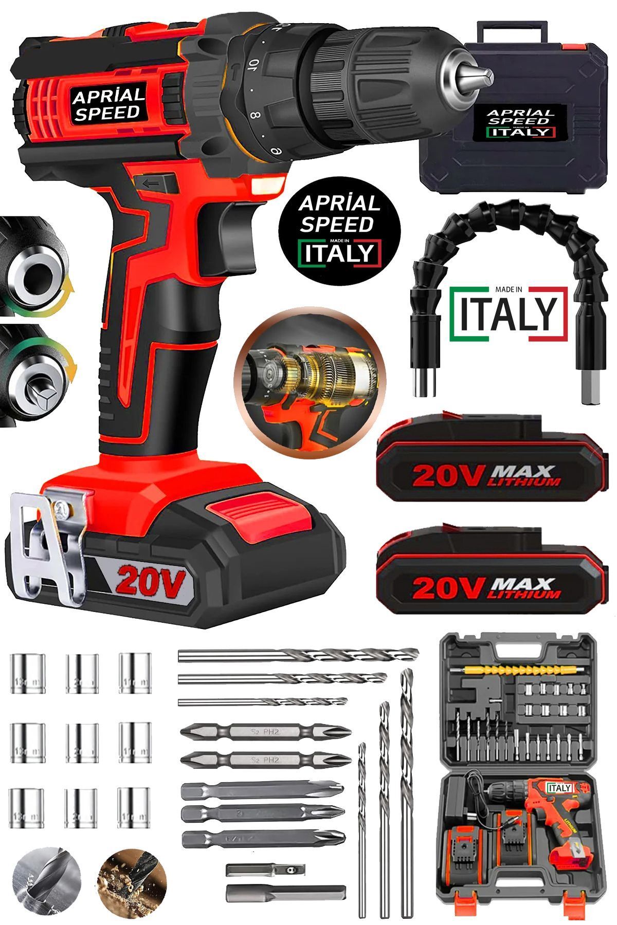 APRİAL SPEED MADE IN İTALY 20v 1.5ah 27parça set hediyeli 2akülü darbeli 25+1 tork delme vidalama matkap