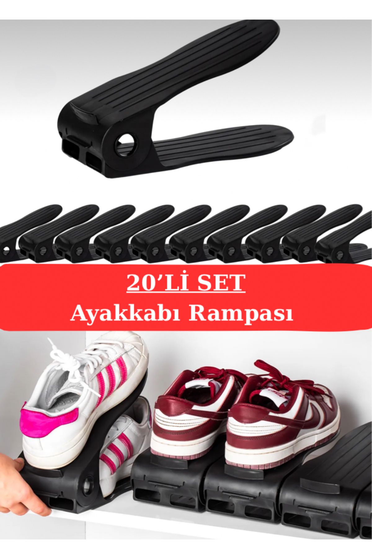 Palica 20’li Ayarlanabilir Ayakkabı Rampasi Seti - Dolap Içi Ayakkabı Düzenleyici Organizer - Siyah