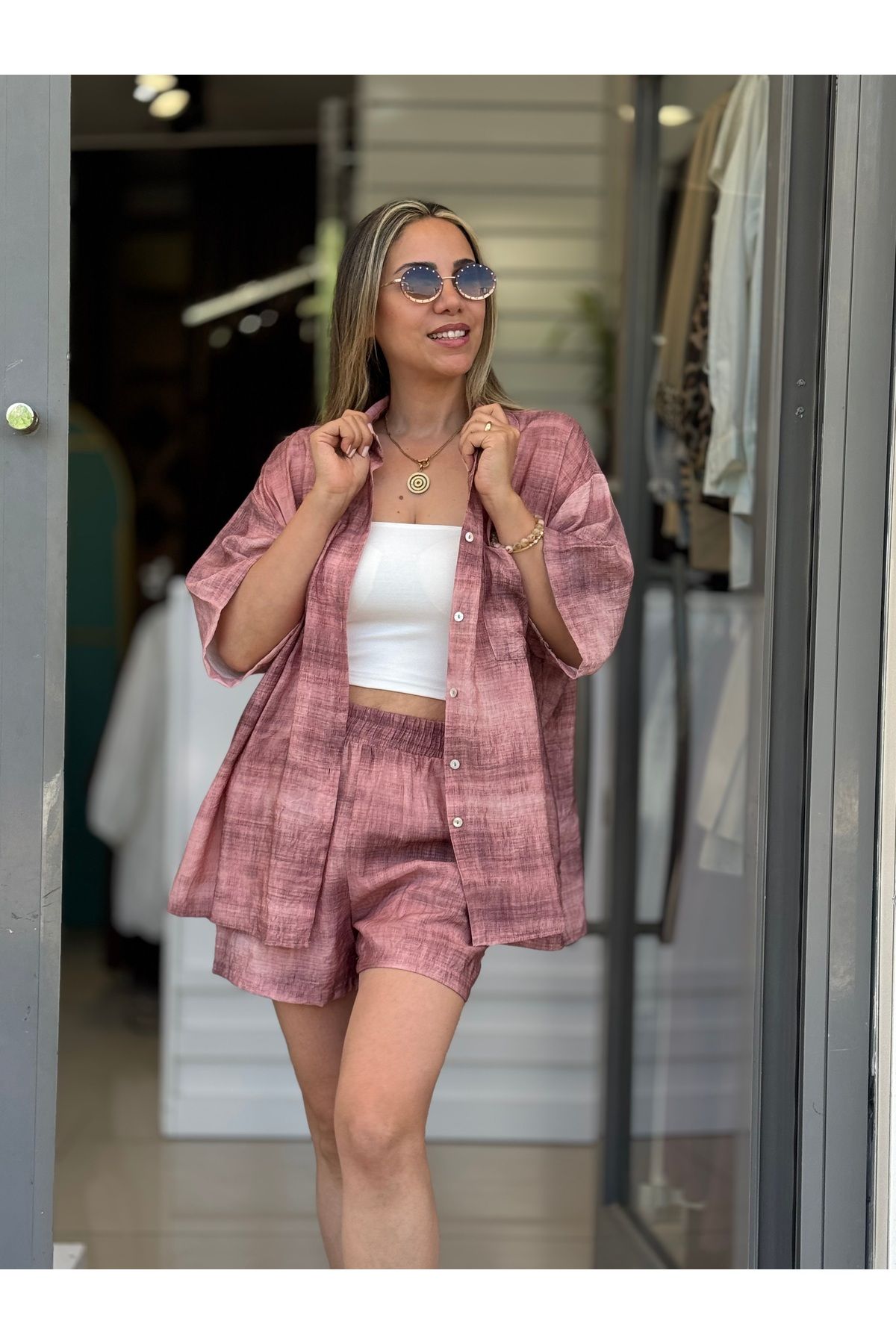 Rozella Butik Şortlu Takım Şort Gömlek İkili Takım