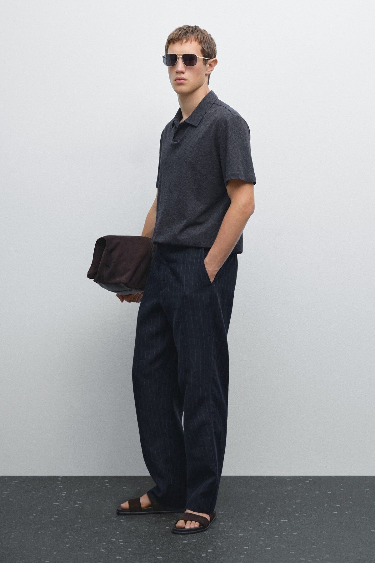 Massimo Dutti Kısa kollu pamuklu melanj polo yaka t-shirt
