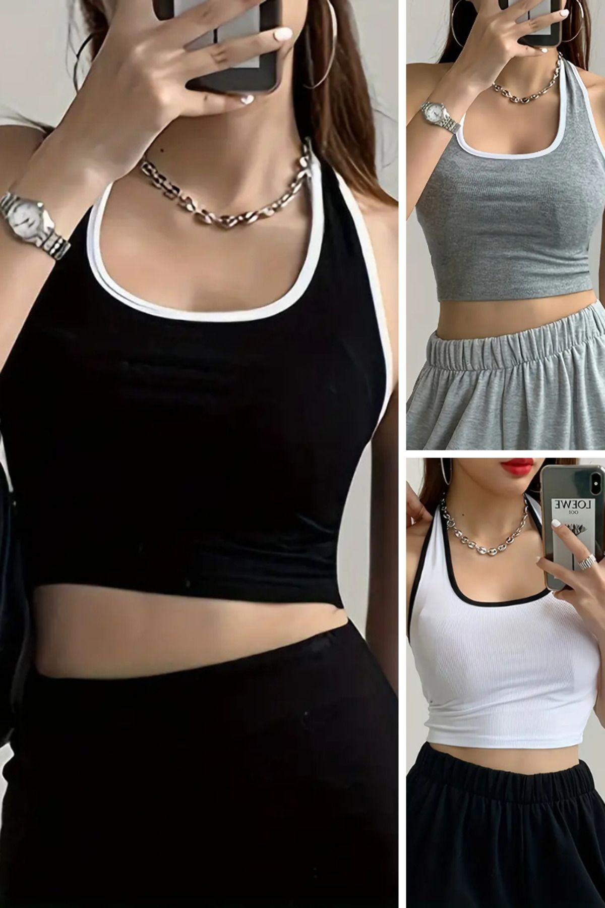 YESENİA Kadın 3'lü Boyundan Askılı Sırt Dekolteli Fitilli Kaşkorse Crop Atlet