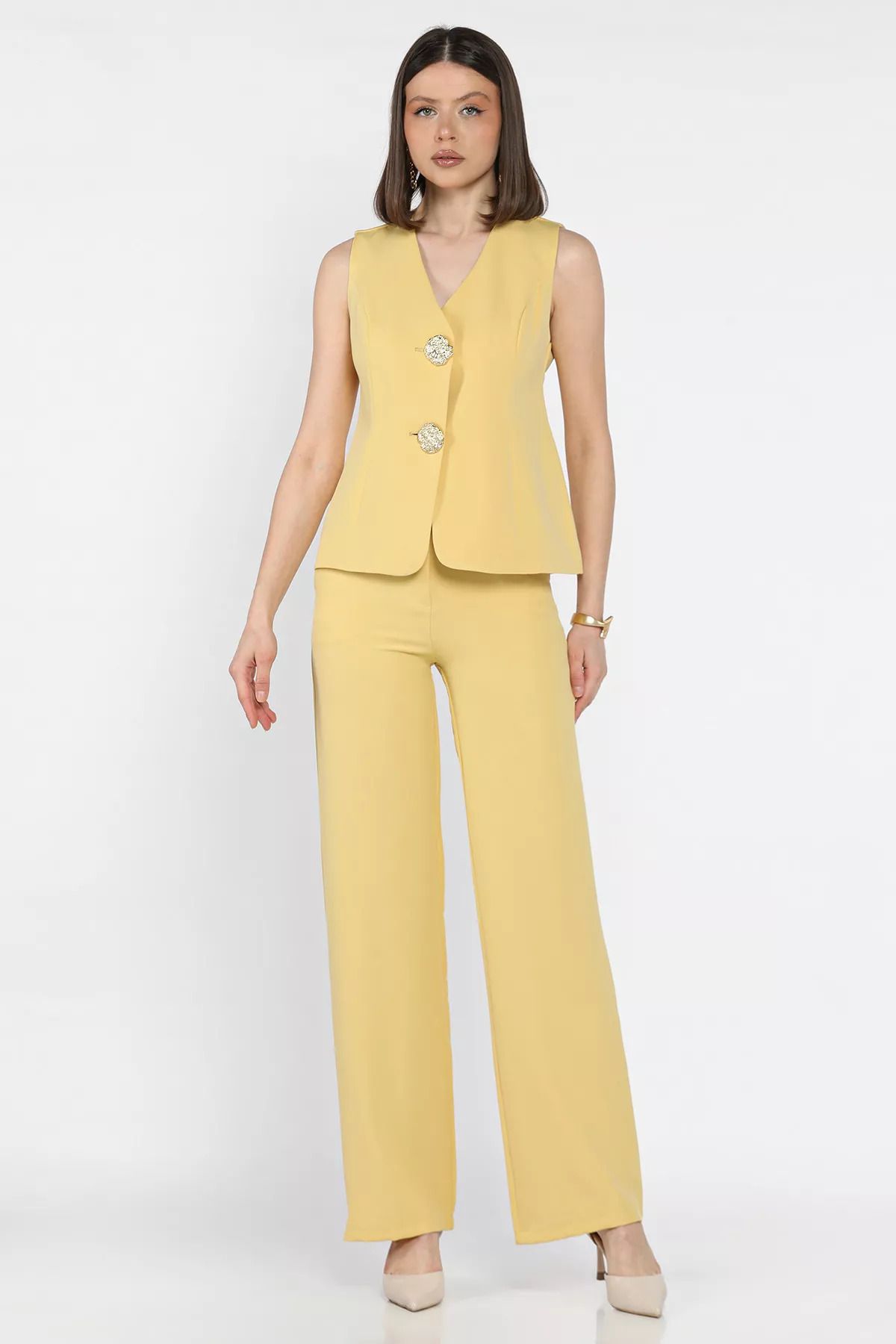 GÜLSELİ-Yellow Button Detailed Vest Trousers Double Set 2