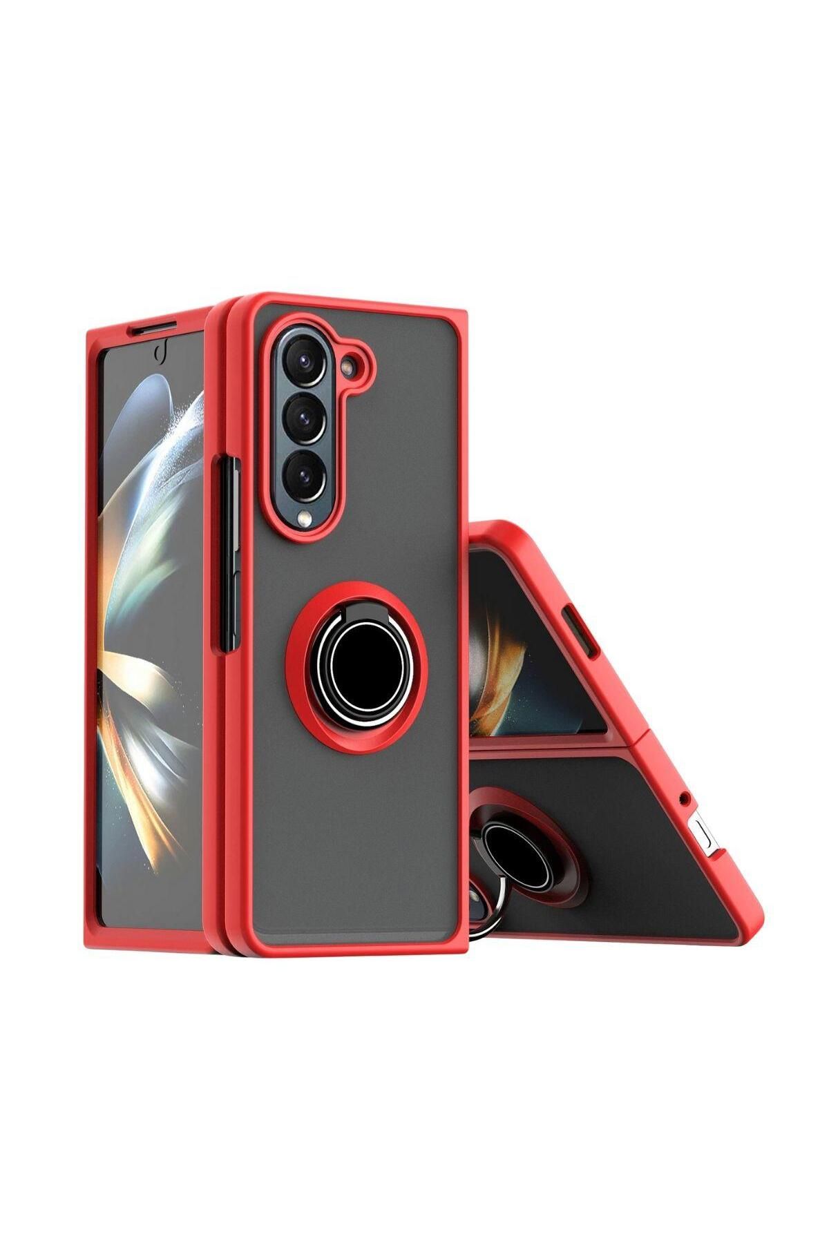 HANPORIUM Samsung Galaxy Z Fold 3 Uyumlu Kılıf Yüzüklü Standlı Extra Darbe Koruma Sert Kapak - Kırmızı