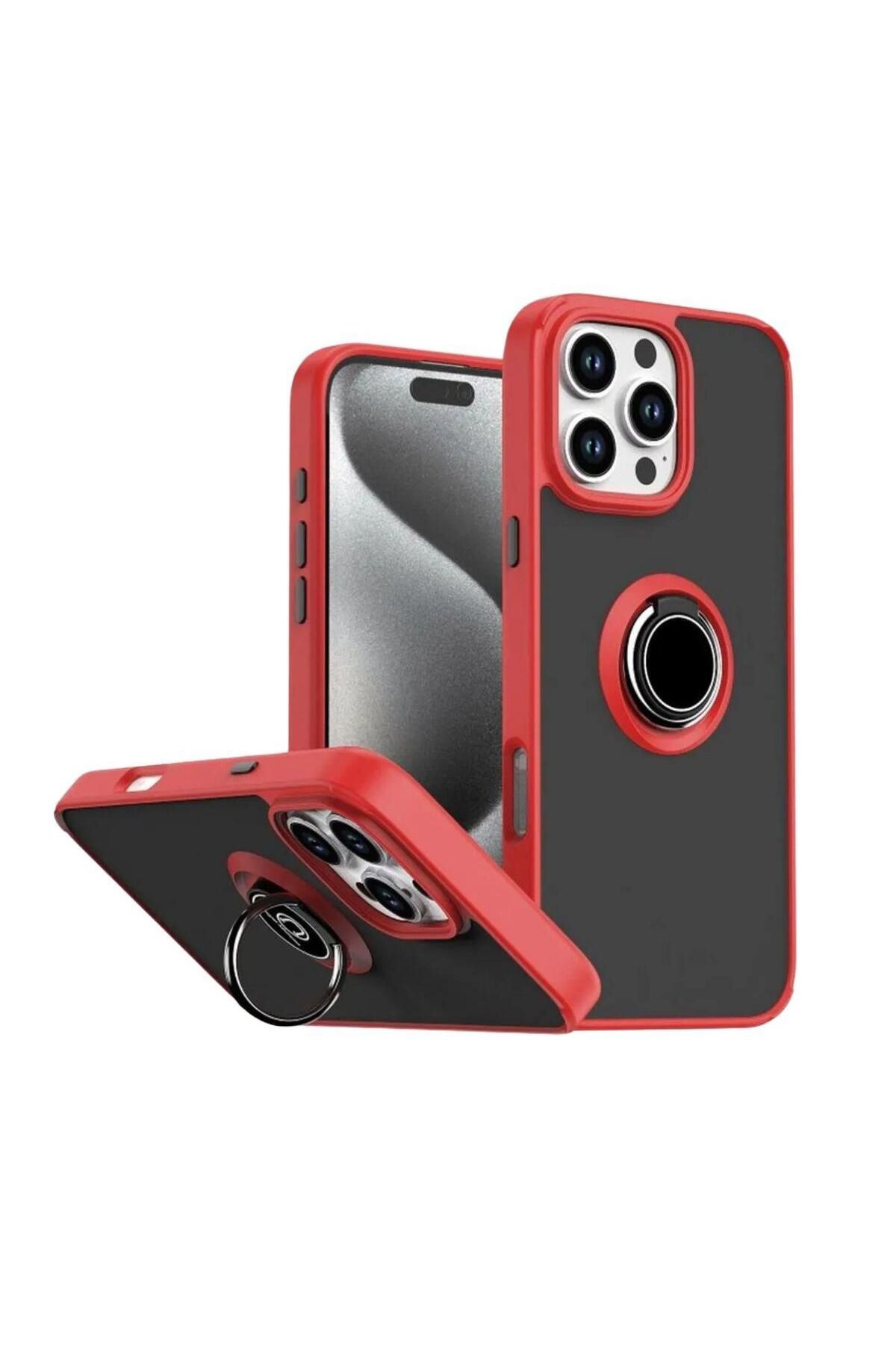 HANPORIUM Apple iPhone 16 Pro Max Uyumlu Kılıf Yüzüklü Standlı Extra Darbe Koruma Sert Kapak - Kırmızı