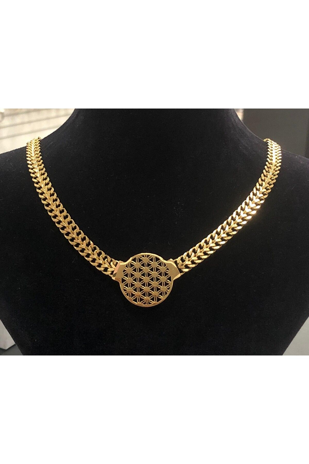 Bijutek Paslanmaz Çelik Gold Taşlı İncili İşlemeli - Desenli Kadın Kolye