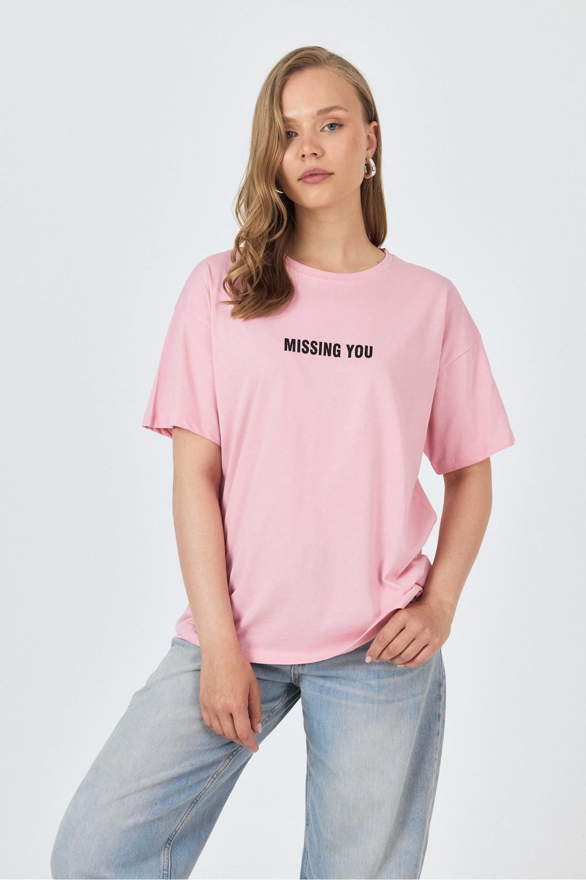 Rays Pembe Yazı Baskılı Pamuklu Oversize Tişört 2150-6M