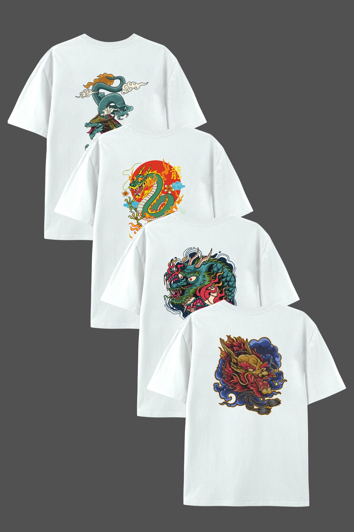 MELADYAN Dragon Sırt Baskılı 4 Parça Takım Bisiklet Yaka T-shirt 4'lü Paket
