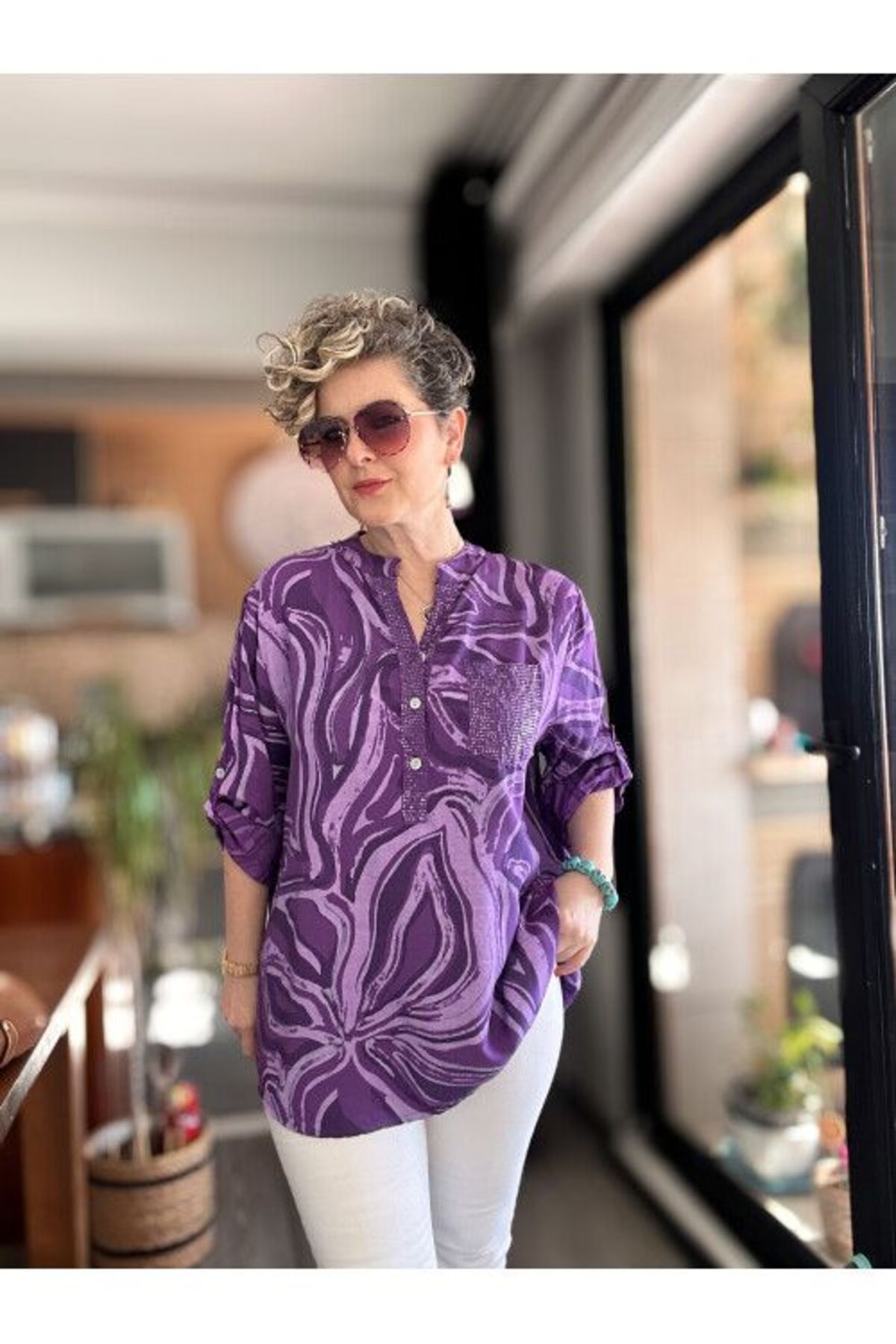 Octagon Bluz İtalyan Batik Desen Pamuklu Mor