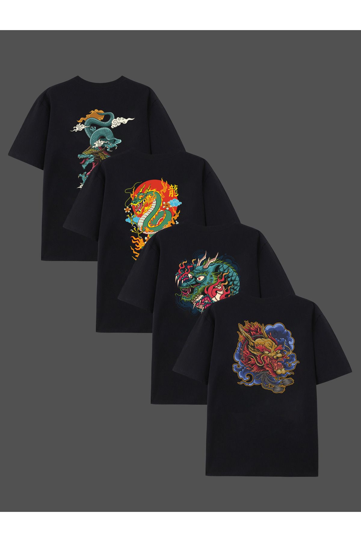 MELADYAN Dragon Sırt Baskılı 4 Parça Takım Bisiklet Yaka T-shirt 4'lü Paket