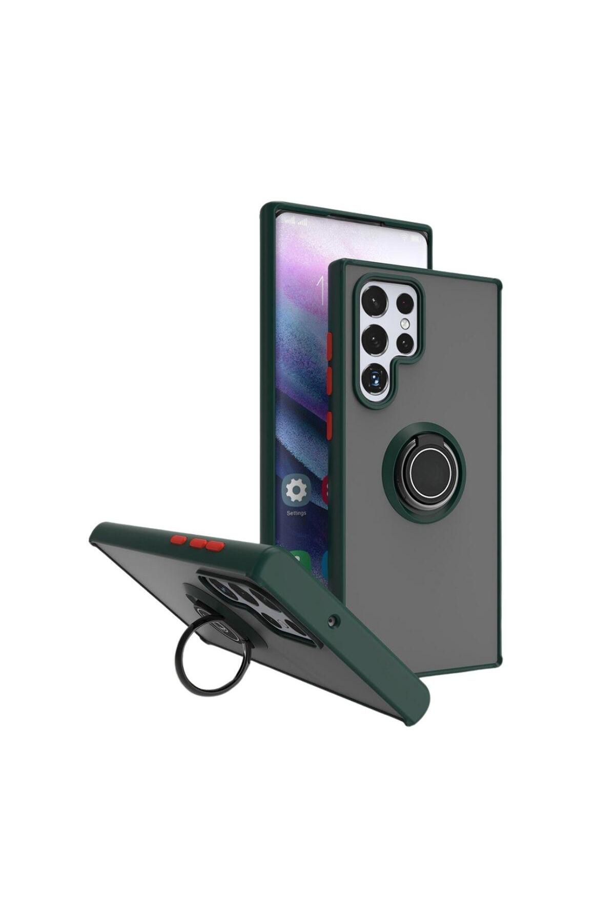HANPORIUM Samsung Galaxy S24 Ultra Uyumlu Kılıf Yüzüklü Standlı Extra Darbe Koruma Sert Kapak - Yeşil
