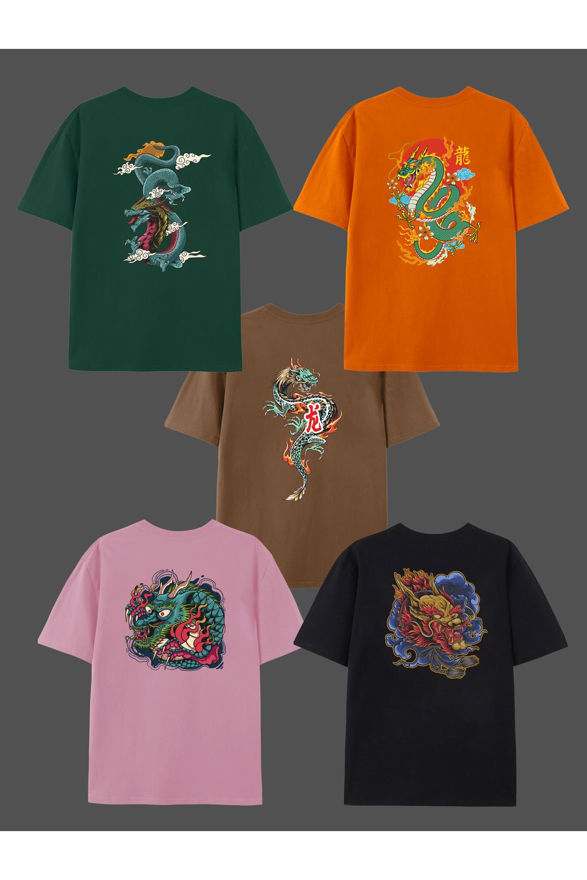 MELADYAN Dragon Sırt Baskılı 5 Parça Takım Bisiklet Yaka T-shirt 5'li Paket