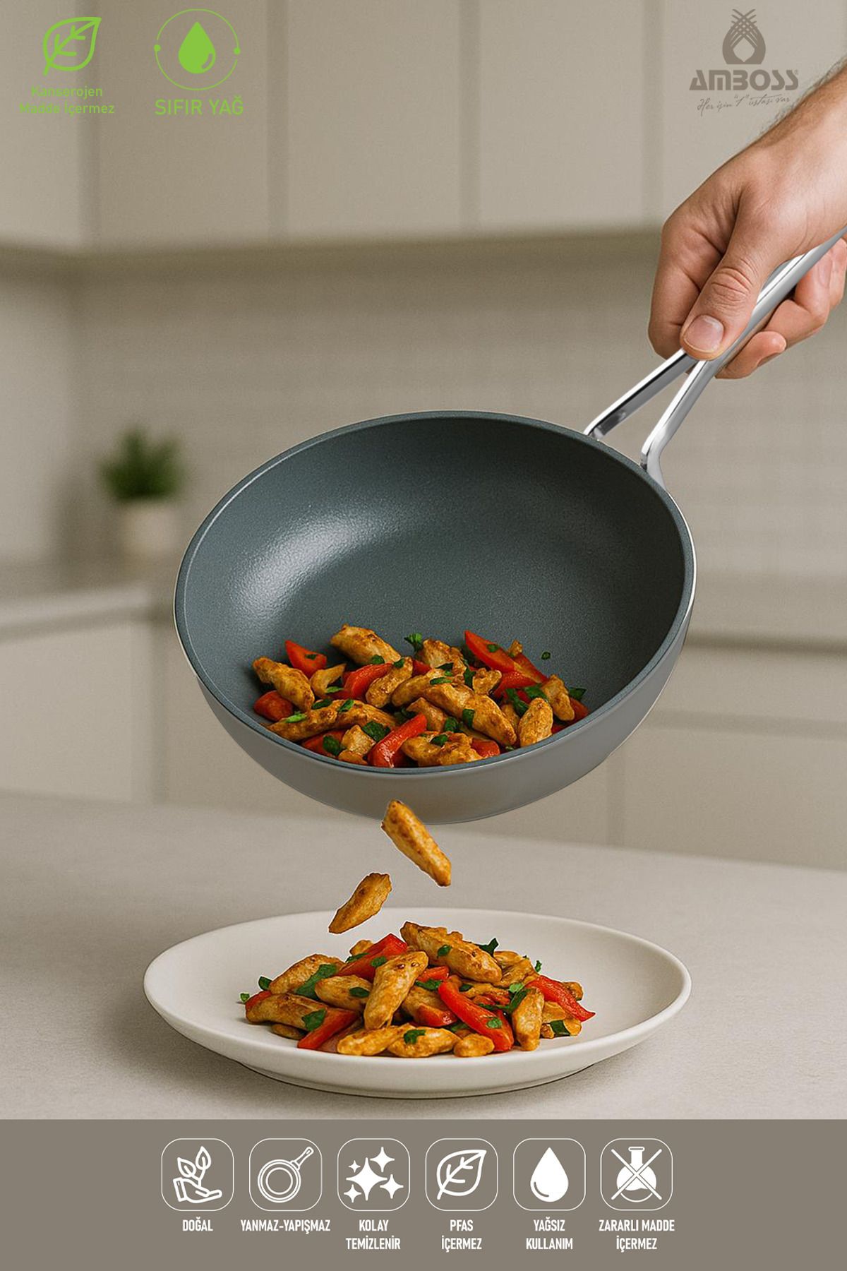 Amboss Sera Nova Yanmaz Yapışmaz Seramik Wok Tava 28 cm – Gri