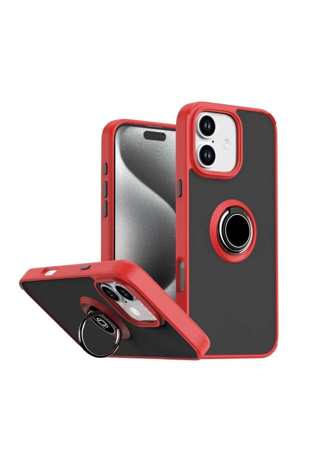 HANPORIUM Apple iPhone 16 Uyumlu Kılıf Yüzüklü Standlı Extra Darbe Koruma Sert Silikon Kapak - Kırmızı