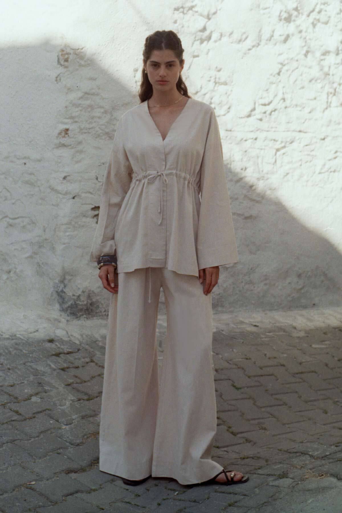 Hooopstore Önden Bağlama Detaylı Naturel Kimono Pantolon Takım