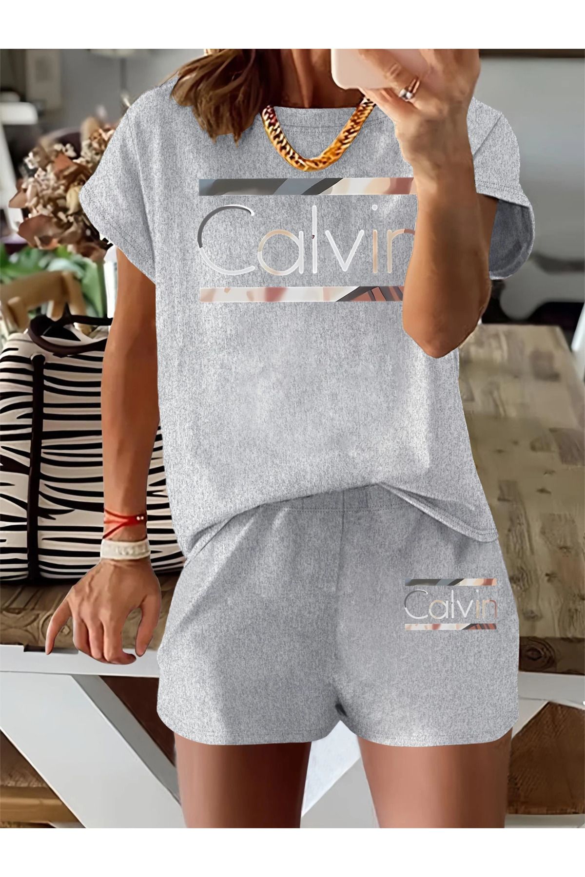 LAND MODA Kadınlar için Casual Brand T-Shirt ve Şort Seti - Siyah Polyester, Yuvarlak Yaka, Kısa Kollu