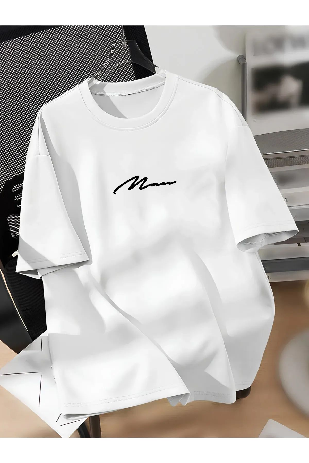 Cool mans Oversize Büyük Beden Battal Pamuklu Elyazı Man Baskılı Bisiklet Yaka T-Shirt
