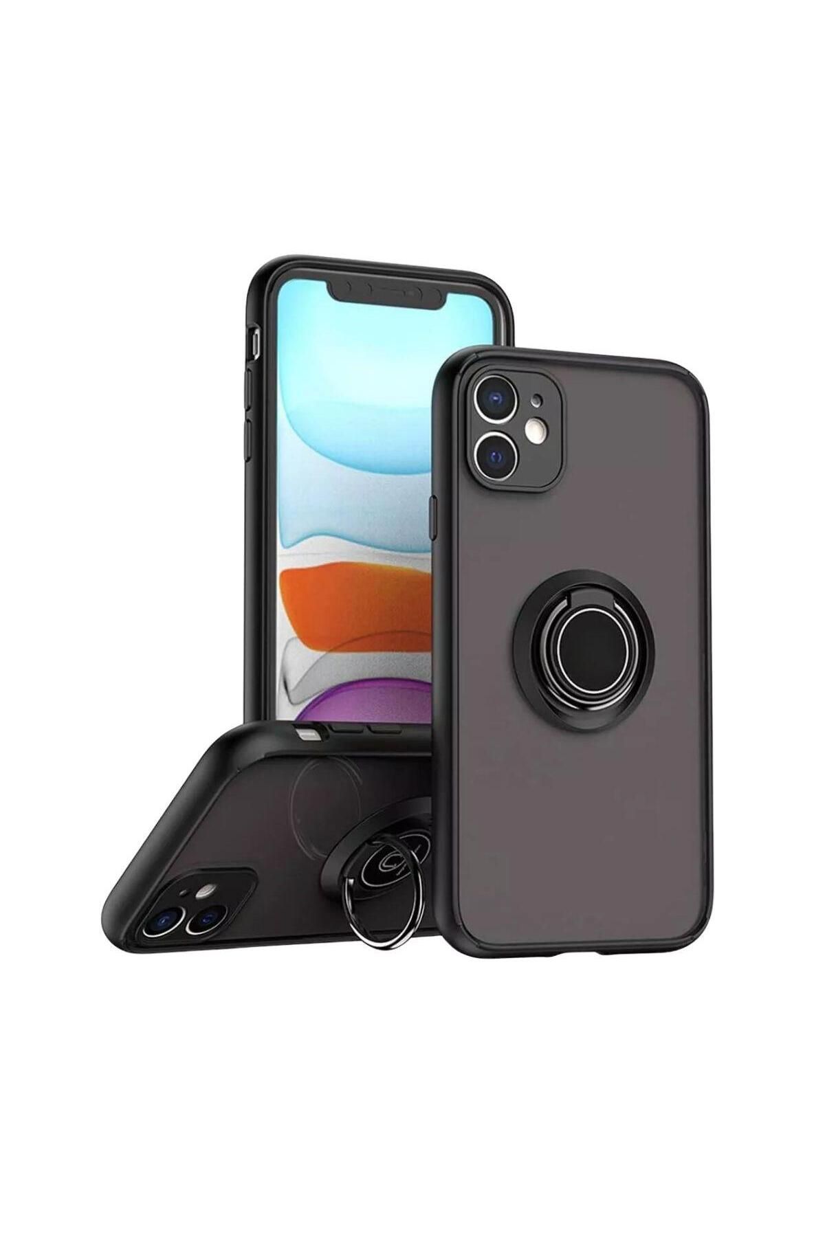 HANPORIUM Apple iPhone 12 Mini Uyumlu Kılıf Yüzüklü Standlı Extra Darbe Koruma Sert Silikon Kapak - Siyah