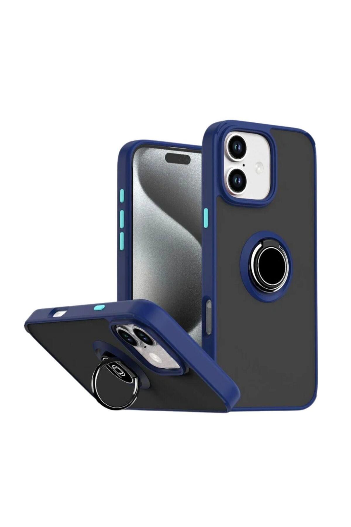 HANPORIUM Apple iPhone 16 Uyumlu Kılıf Yüzüklü Standlı Extra Darbe Koruma Sert Silikon Kapak - Lacivert