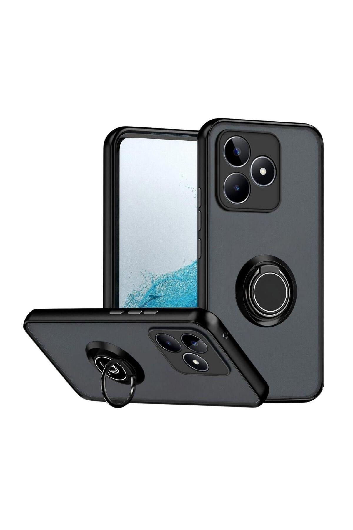 HANPORIUM Realme C53 Uyumlu Kılıf Yüzüklü Standlı Extra Darbe Koruma Sert Silikon Kapak - Siyah