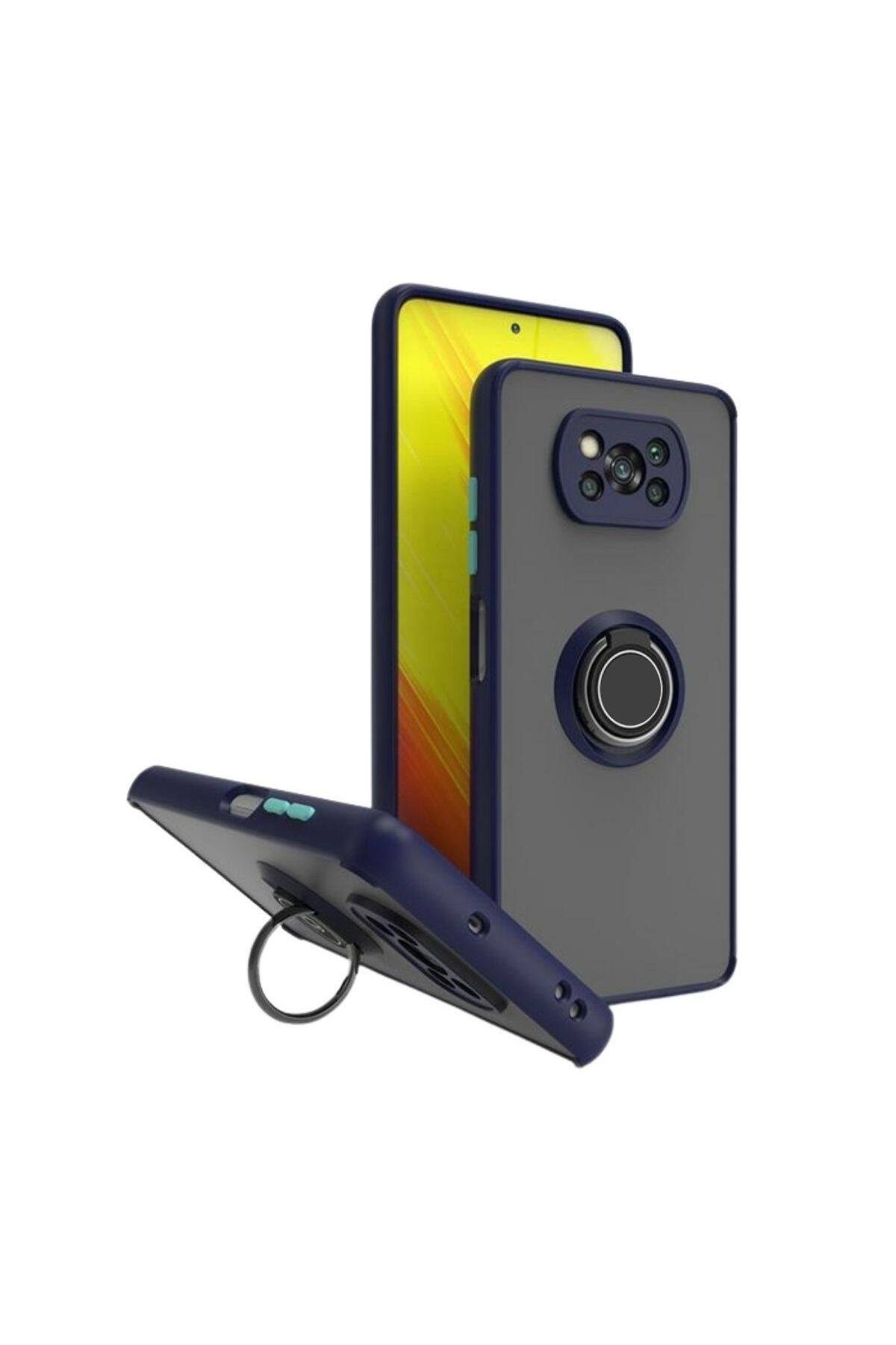 HANPORIUM Poco X3 Pro Uyumlu Kılıf Yüzüklü Standlı Extra Darbe Koruma Sert Silikon Kapak - Lacivert