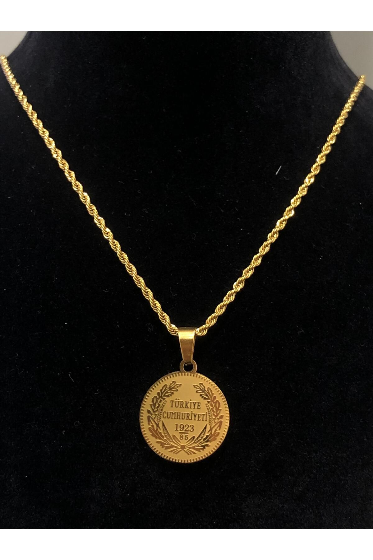 Bijutek Paslanmaz Çelik Gold Taşlı İncili İşlemeli - Desenli Kadın Kolye