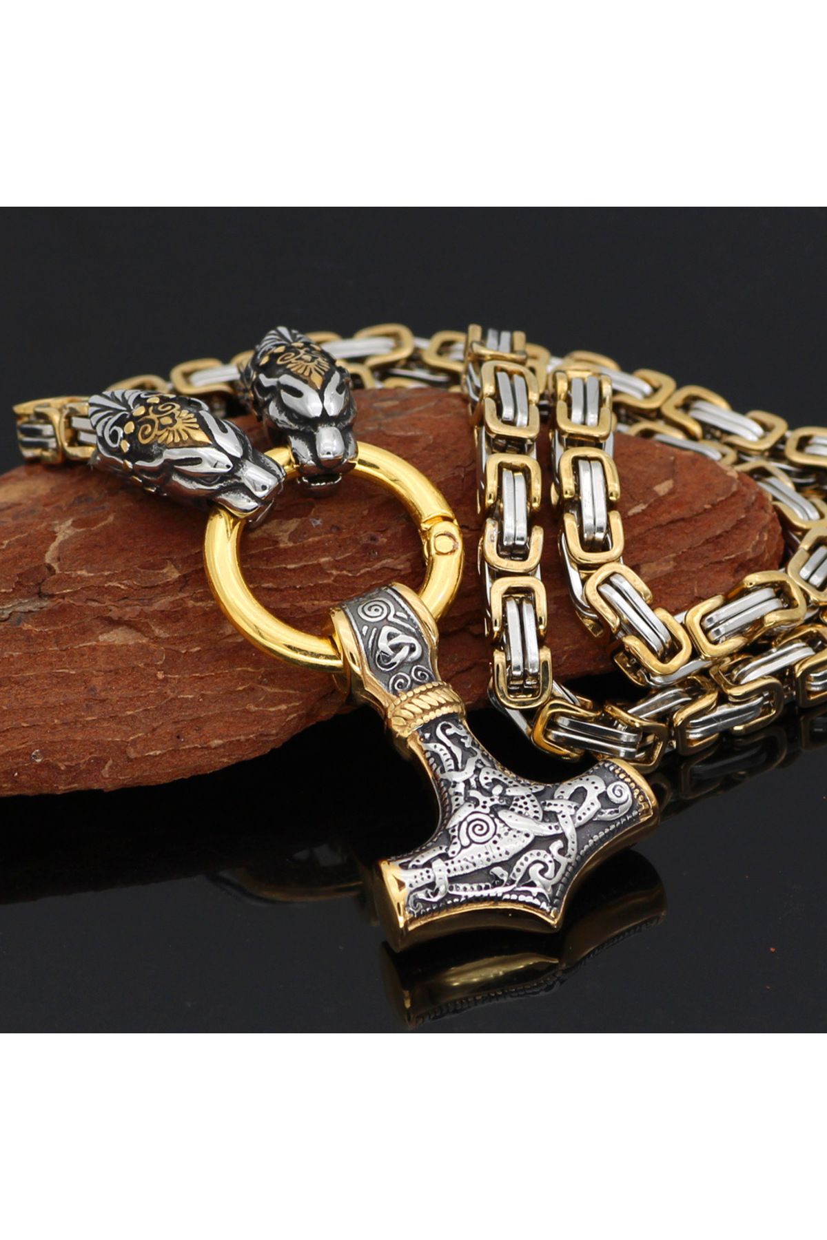 Viking Ejderha Dragon Kafası Iskandinav Motifli Thor Mjollnir & Kral Zincir 316l Çelik Kolye