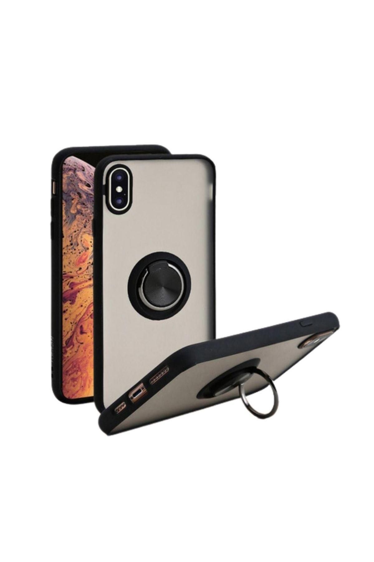 HANPORIUM Apple iPhone X Uyumlu Kılıf Yüzüklü Standlı Extra Darbe Koruma Sert Silikon Kapak - Siyah