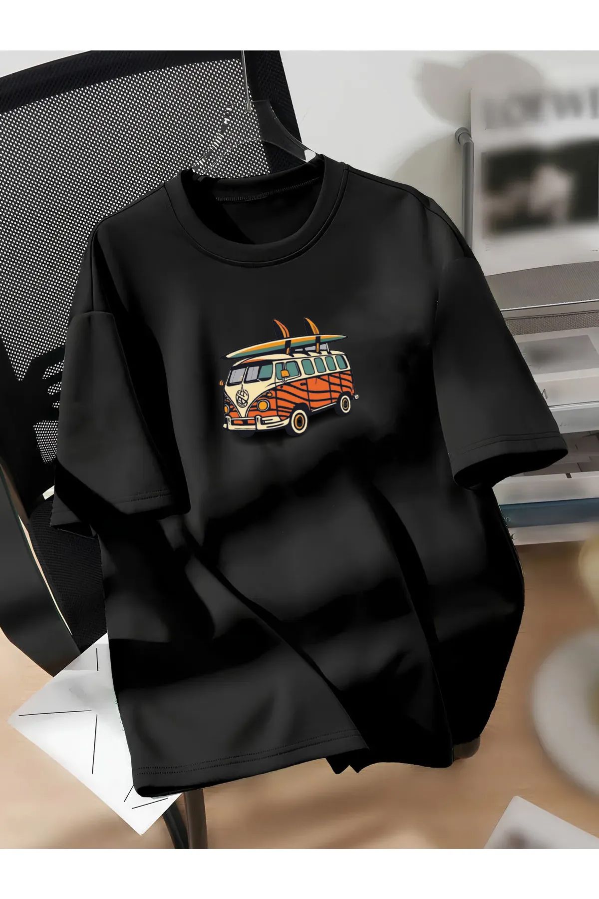 Cool mans Oversize Büyük Beden Battal Pamuklu Karavan Vosvos Baskılı Bisiklet Yaka T-Shirt