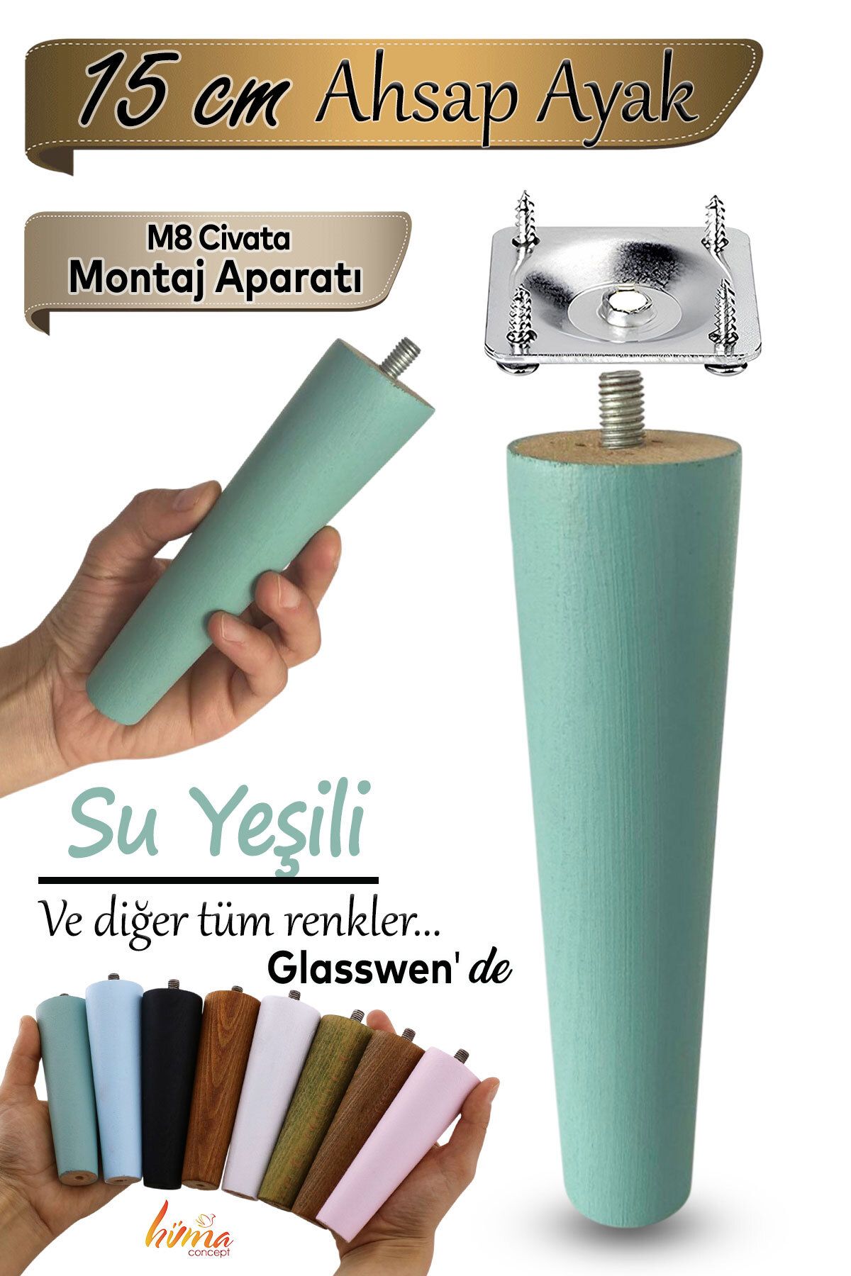 GLASWEN Ahşap Ayak 15 Cm Su Yeşili M8 Civata Bağlantı Aparatlı Dolap Mobilya Koltuk Kanepe Destek Ayağı Ayak