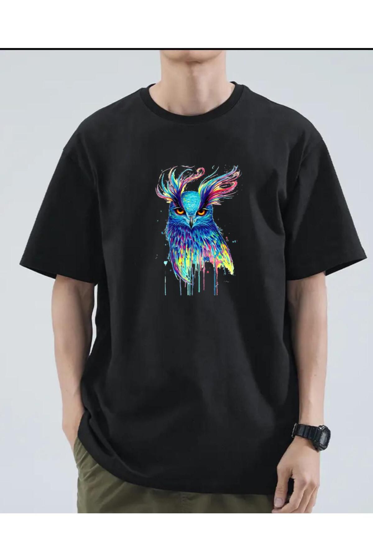 exans moda siyah baykuş basklı unisex oversize tshirt