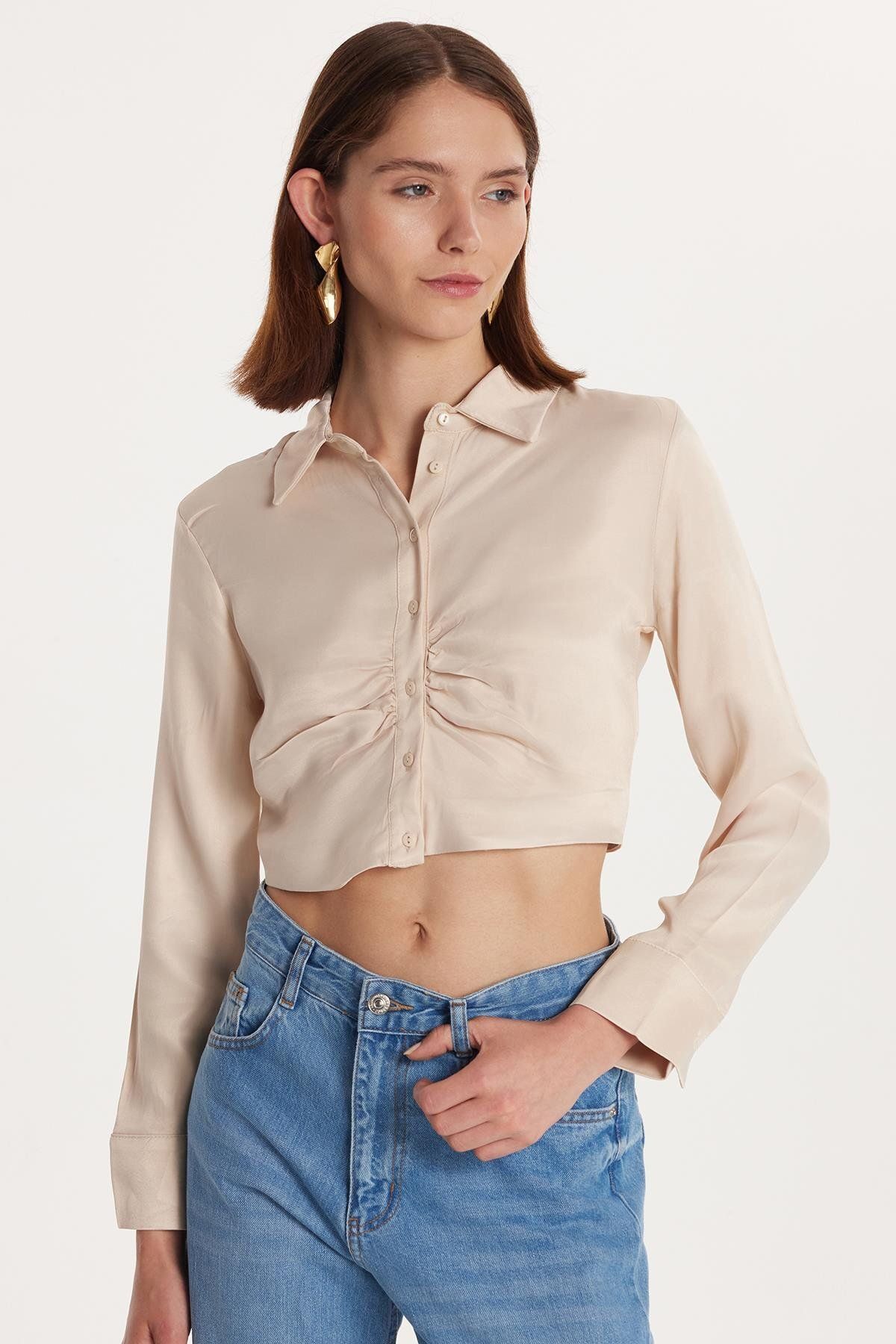 Tudors Kadın Slim Fit Dar Kesim Uzun Kollu Klasik Yaka Taş Rengi Gömlek