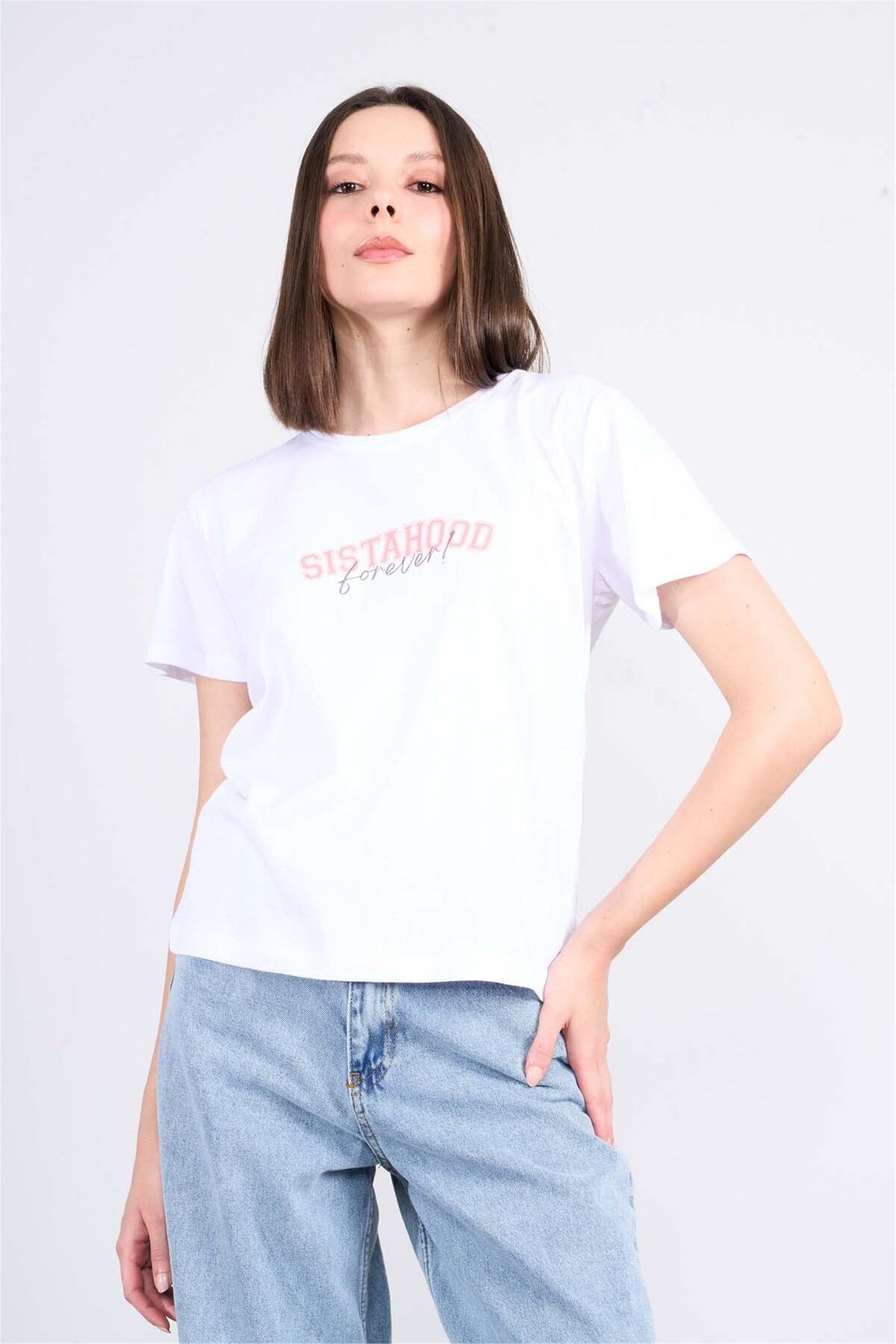 FİTHİT Çetinkaya Fithit 8482 Bisiklet Yaka 30/1 Compact Penye Süprem Baskılı T-shirt Beyaz