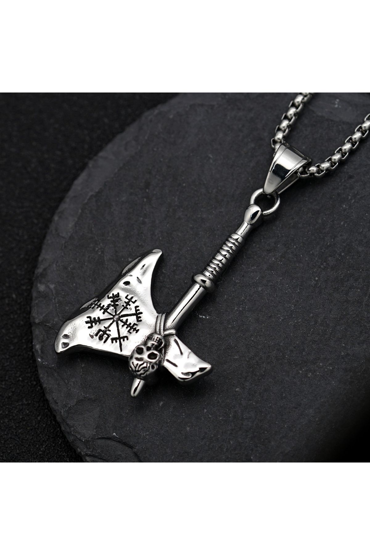 Viking Pusulası Kurukafa Detaylı İskandinav Mitolojisi Balta 316L Çelik Erkek Kolye